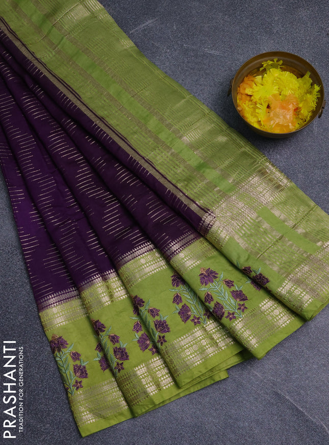 Semi chanderi saree purple and light green with allover zari weaves and embroidery zari border