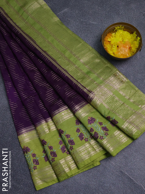 Semi chanderi saree purple and light green with allover zari weaves and embroidery zari border
