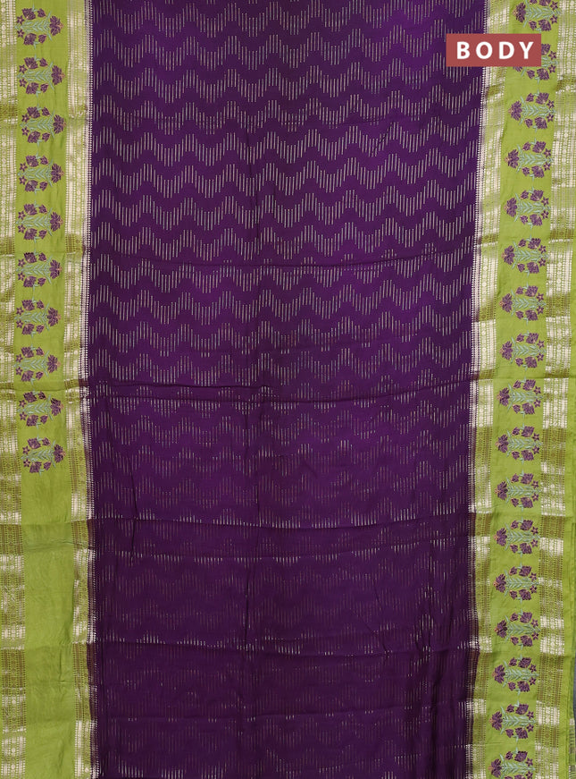 Semi chanderi saree purple and light green with allover zari weaves and embroidery zari border