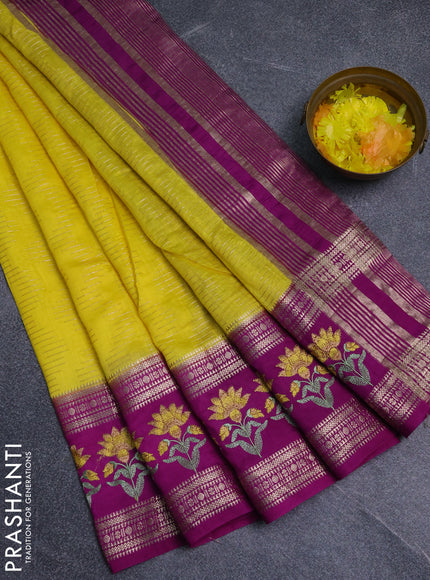 Semi chanderi saree yellow and purple with allover zari weaves and embroidery zari border