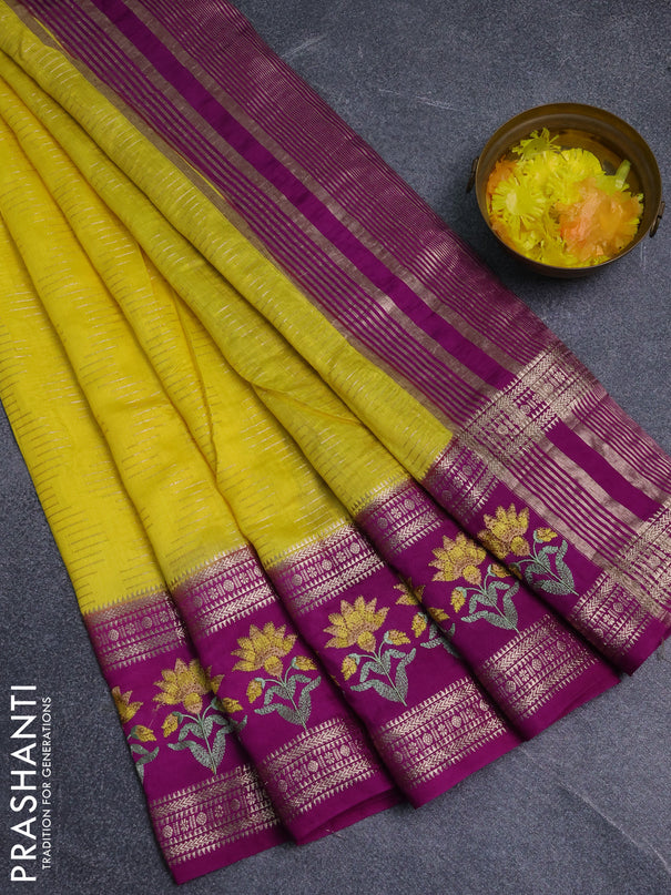 Semi chanderi saree yellow and purple with allover zari weaves and embroidery zari border