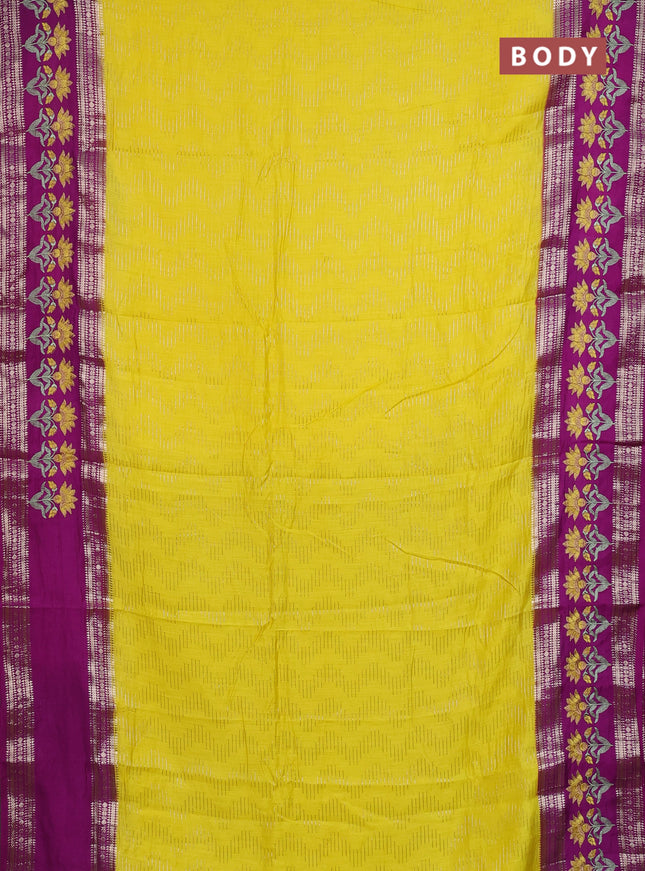 Semi chanderi saree yellow and purple with allover zari weaves and embroidery zari border
