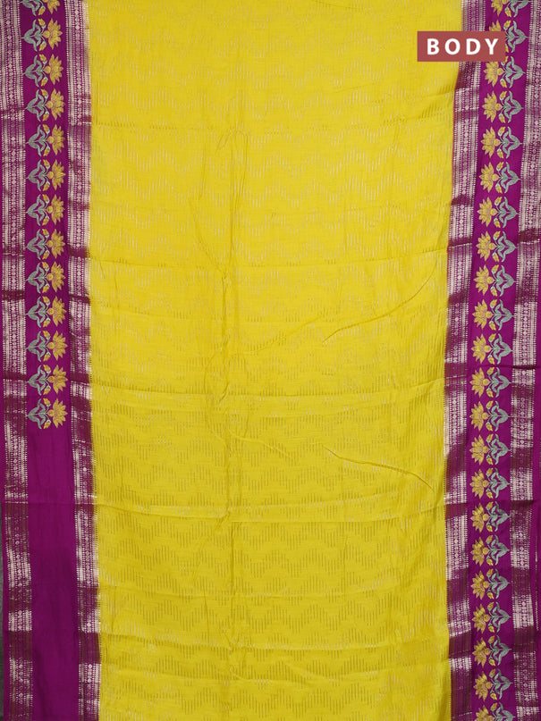 Semi chanderi saree yellow and purple with allover zari weaves and embroidery zari border