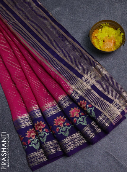 Semi chanderi saree pink and violet with allover zari weaves and embroidery zari border