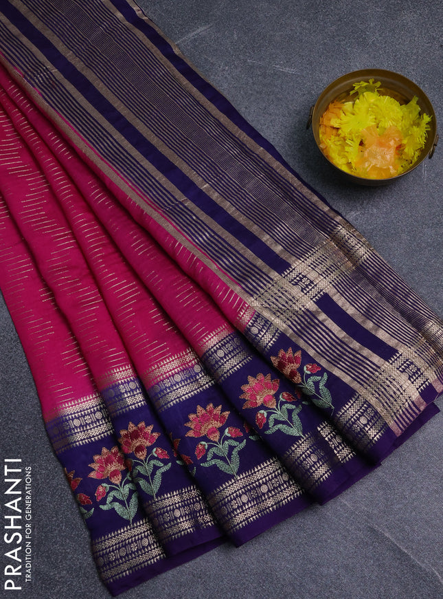 Semi chanderi saree pink and violet with allover zari weaves and embroidery zari border