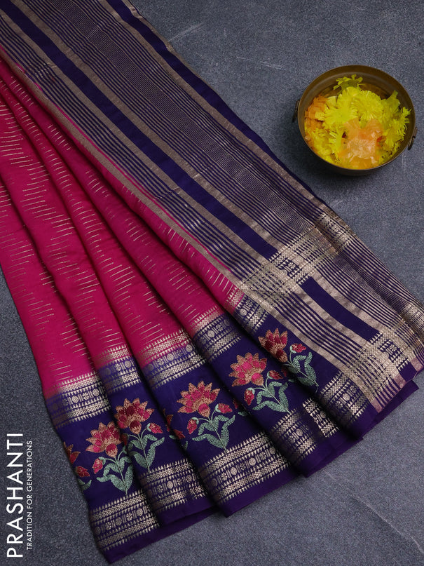 Semi chanderi saree pink and violet with allover zari weaves and embroidery zari border