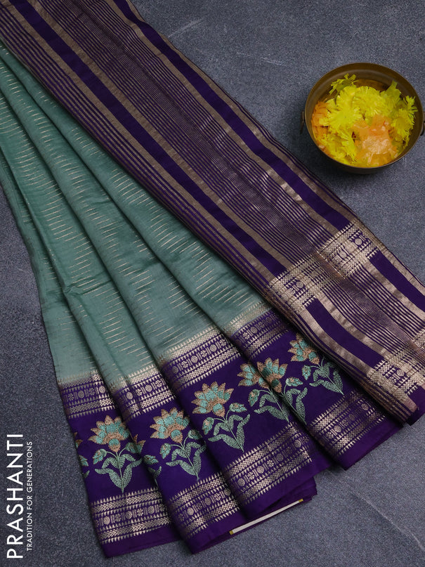 Semi chanderi saree pastel green and violet with allover zari weaves and embroidery zari border