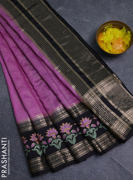 Semi chanderi saree mild lavender and black with allover zari weaves and embroidery zari border