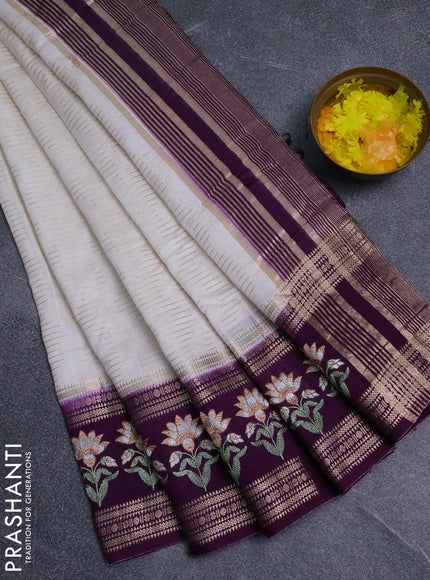 Semi chanderi saree off white and purple with allover zari weaves and embroidery zari border