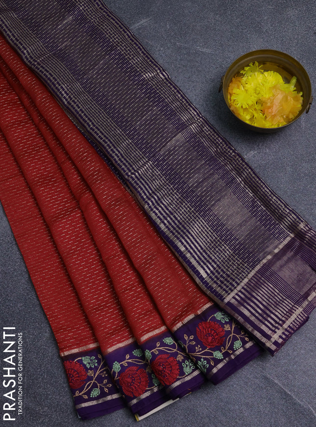 Semi chanderi saree red and violet with allover zari weaves and embroidery zari border