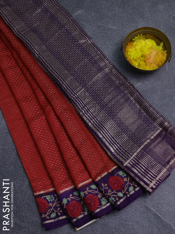 Semi chanderi saree red and violet with allover zari weaves and embroidery zari border
