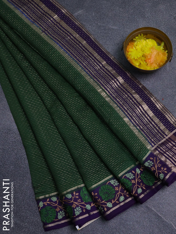 Semi chanderi saree sap green and violet with allover zari weaves and embroidery zari border