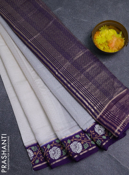 Semi chanderi saree off white and violet with allover zari weaves and embroidery zari border