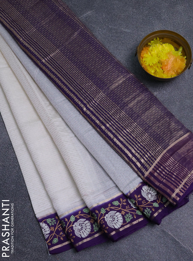 Semi chanderi saree off white and violet with allover zari weaves and embroidery zari border