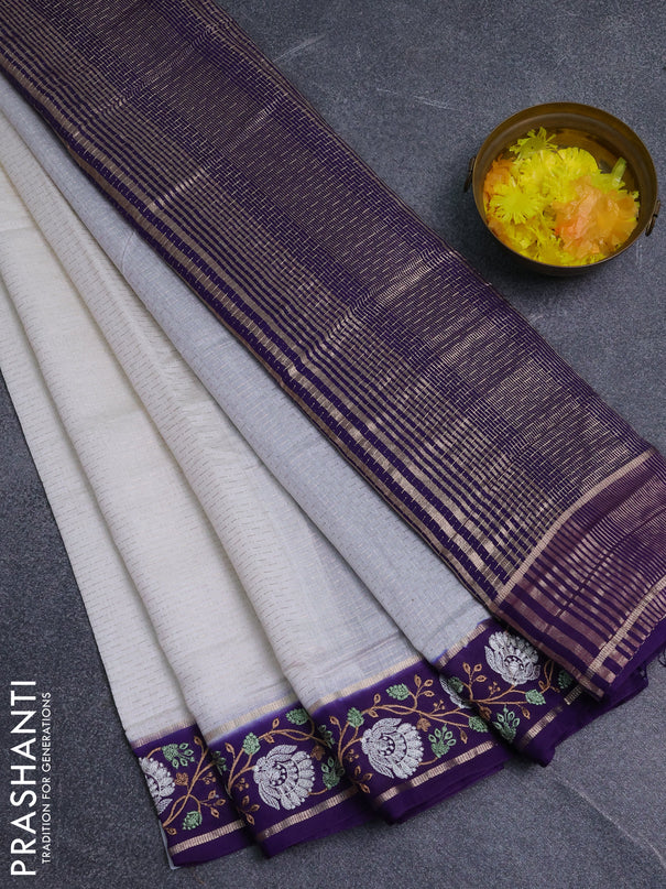 Semi chanderi saree off white and violet with allover zari weaves and embroidery zari border