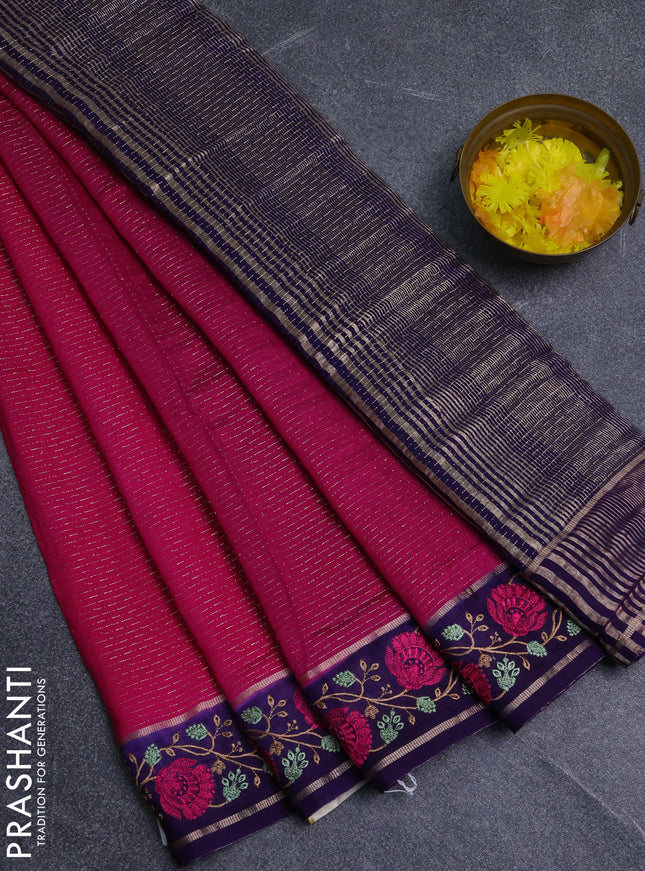 Semi chanderi saree pink and violet with allover zari weaves and embroidery zari border