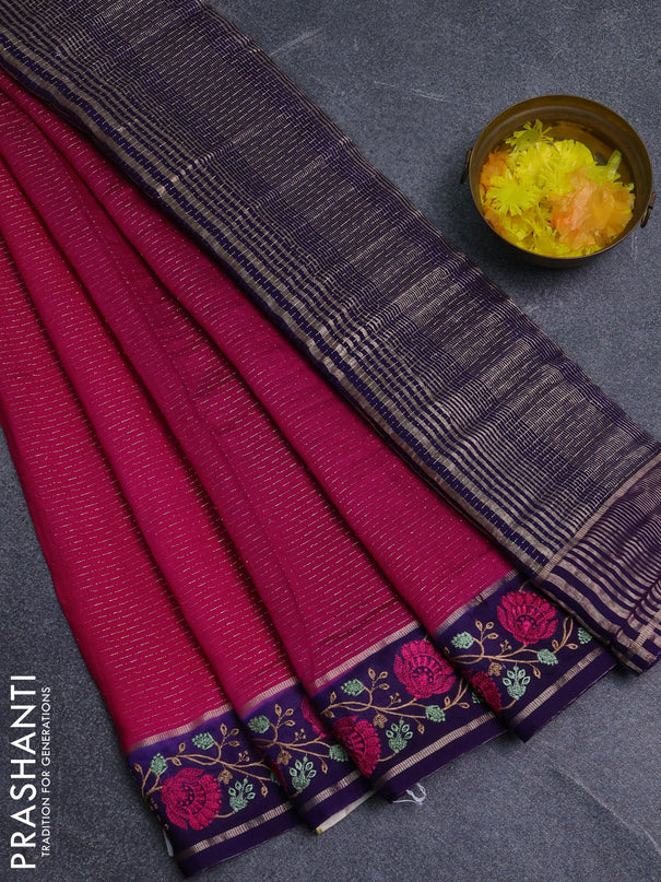 Semi chanderi saree pink and violet with allover zari weaves and embroidery zari border