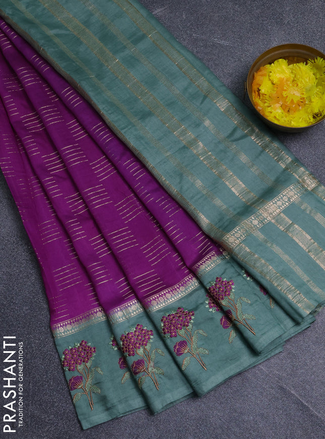 Semi chanderi saree purple and pastel green with allover zari weaves and embroidery border