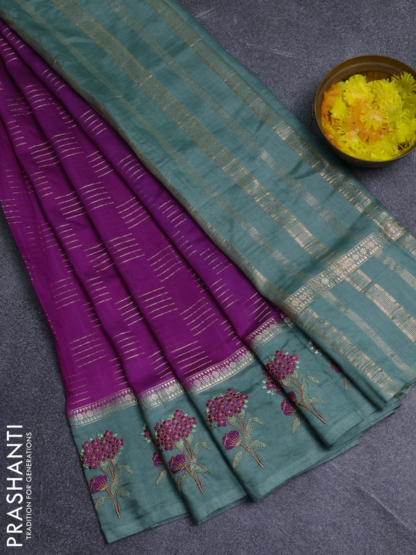 Semi chanderi saree purple and pastel green with allover zari weaves and embroidery border