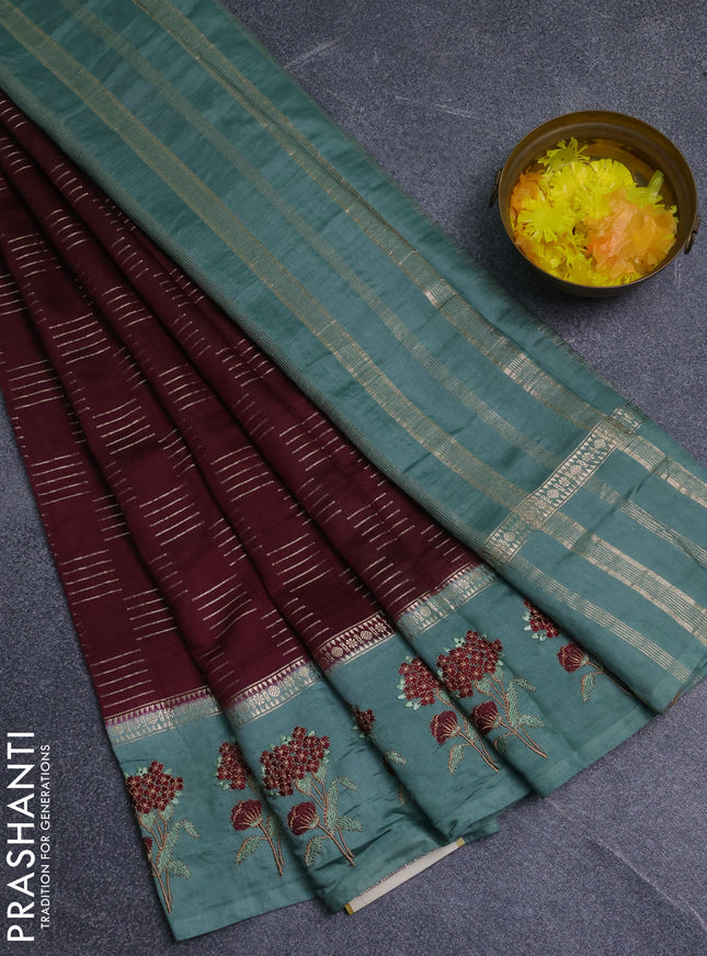 Semi chanderi saree deep maroon and pastel green with allover zari weaves and embroidery border