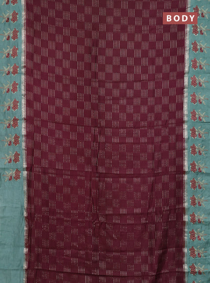 Semi chanderi saree deep maroon and pastel green with allover zari weaves and embroidery border