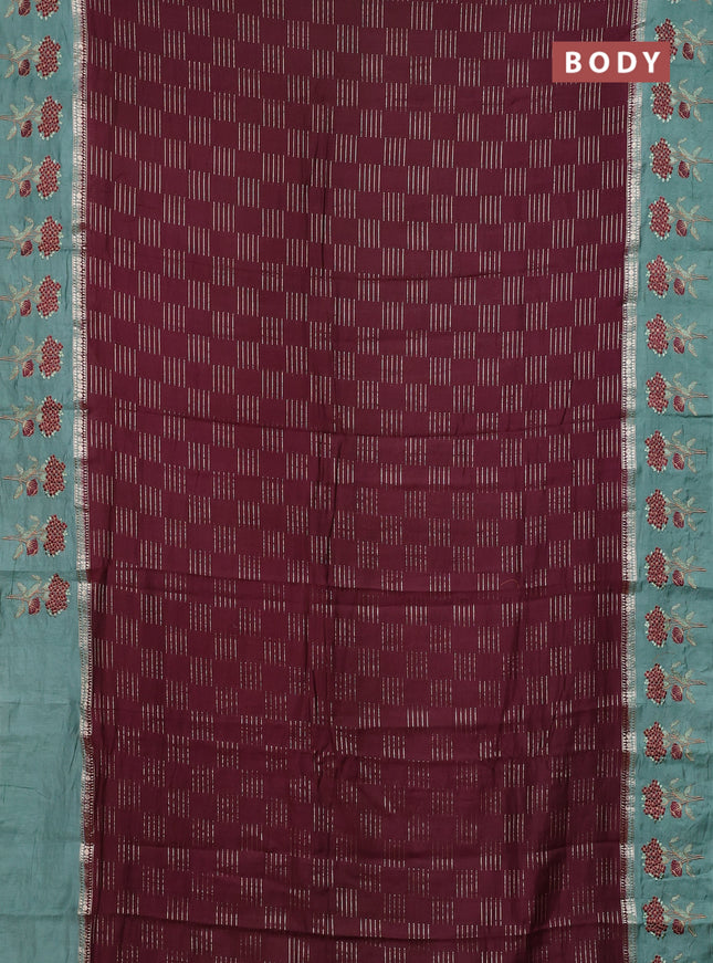 Semi chanderi saree deep maroon and pastel green with allover zari weaves and embroidery border