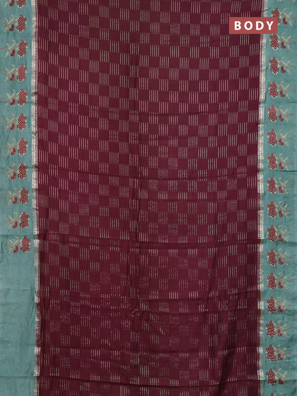 Semi chanderi saree deep maroon and pastel green with allover zari weaves and embroidery border