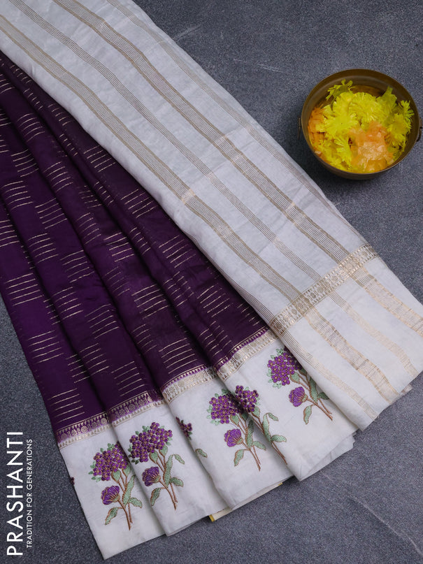 Semi chanderi saree violet and off white with allover zari weaves and embroidery border