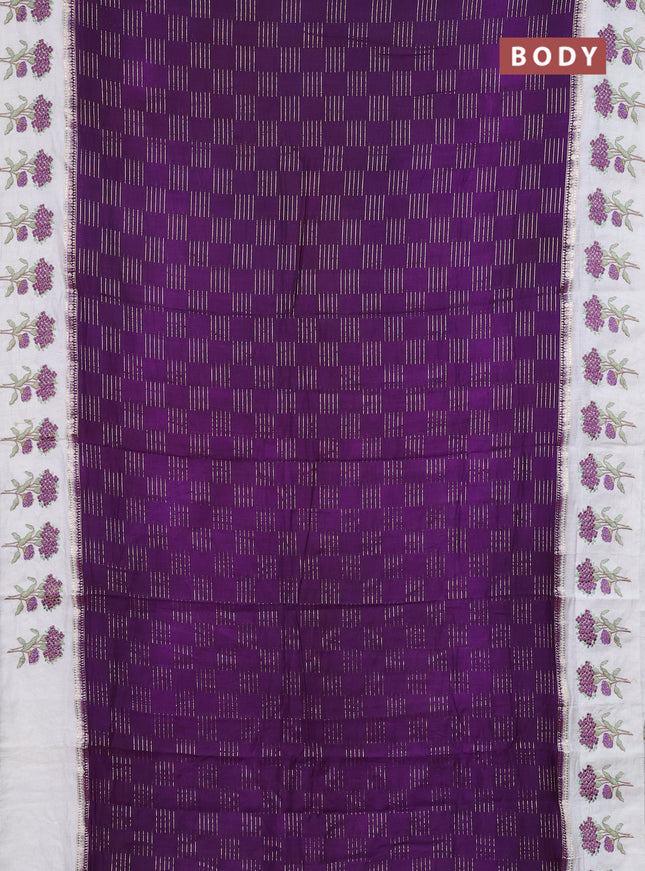Semi chanderi saree violet and off white with allover zari weaves and embroidery border