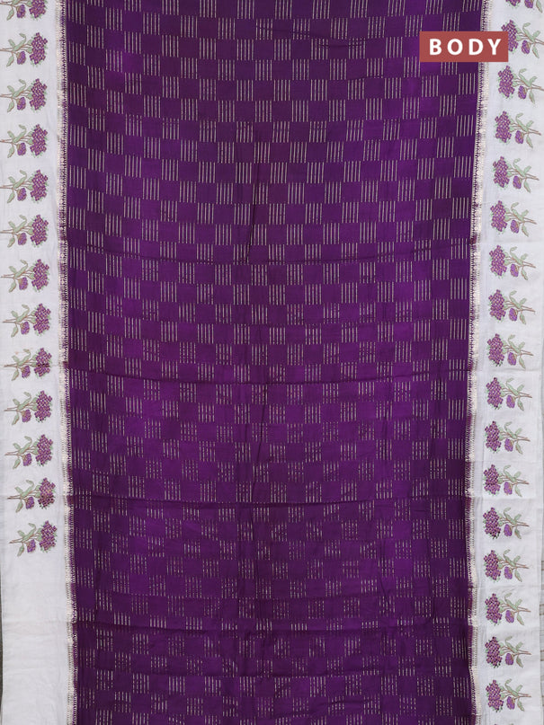 Semi chanderi saree violet and off white with allover zari weaves and embroidery border