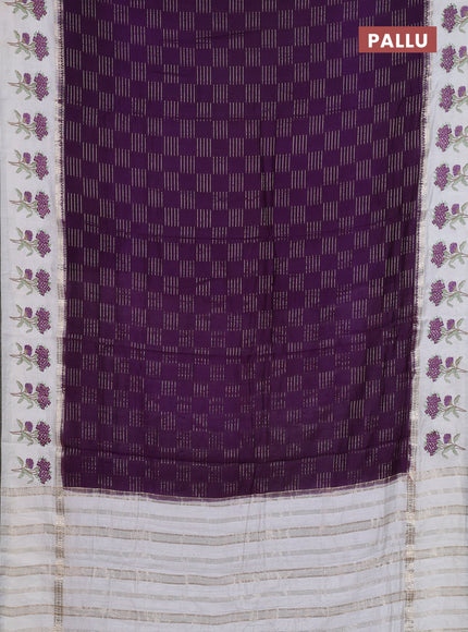 Semi chanderi saree violet and off white with allover zari weaves and embroidery border