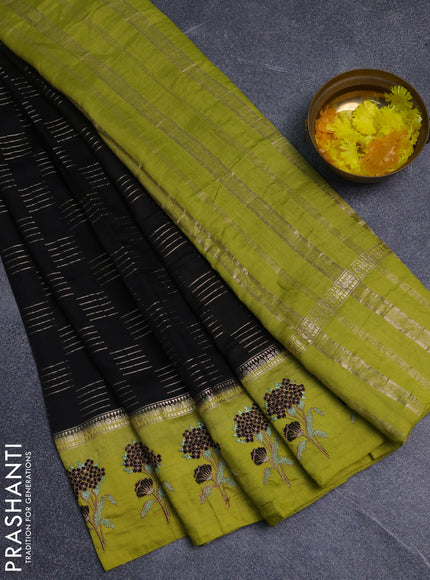 Semi chanderi saree black and light green with allover zari weaves and embroidery border