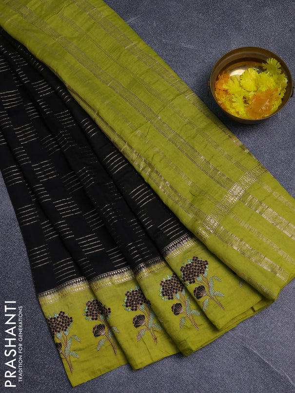 Semi chanderi saree black and light green with allover zari weaves and embroidery border