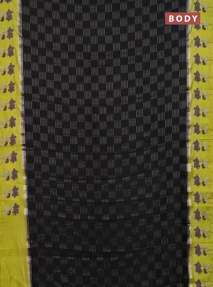Semi chanderi saree black and light green with allover zari weaves and embroidery border