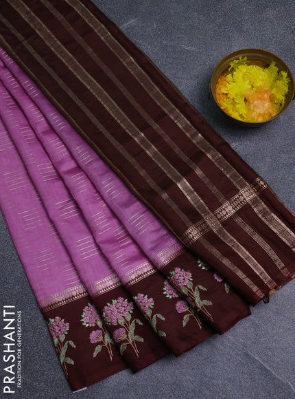 Semi chanderi saree mild lavender and deep maroon with allover zari weaves and embroidery border
