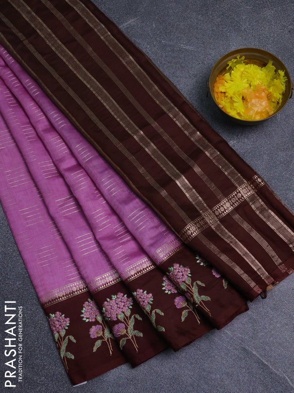 Semi chanderi saree mild lavender and deep maroon with allover zari weaves and embroidery border