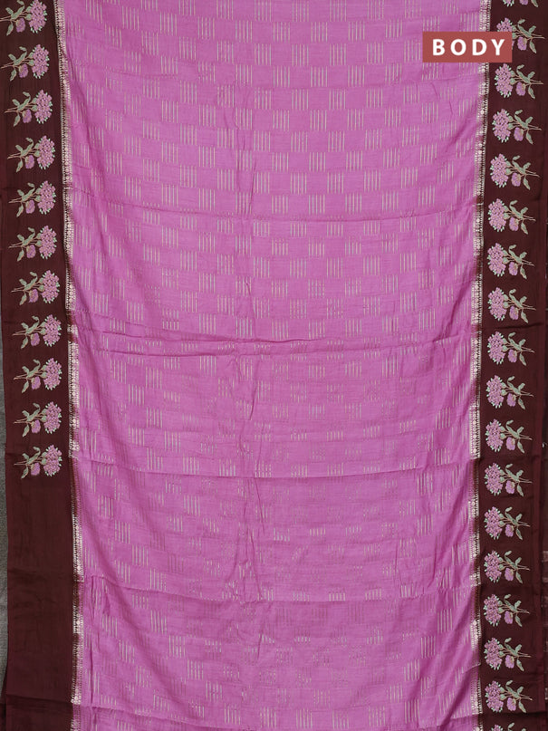 Semi chanderi saree mild lavender and deep maroon with allover zari weaves and embroidery border