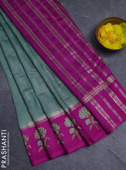Semi chanderi saree pastel green and purple shade with allover zari weaves and embroidery border