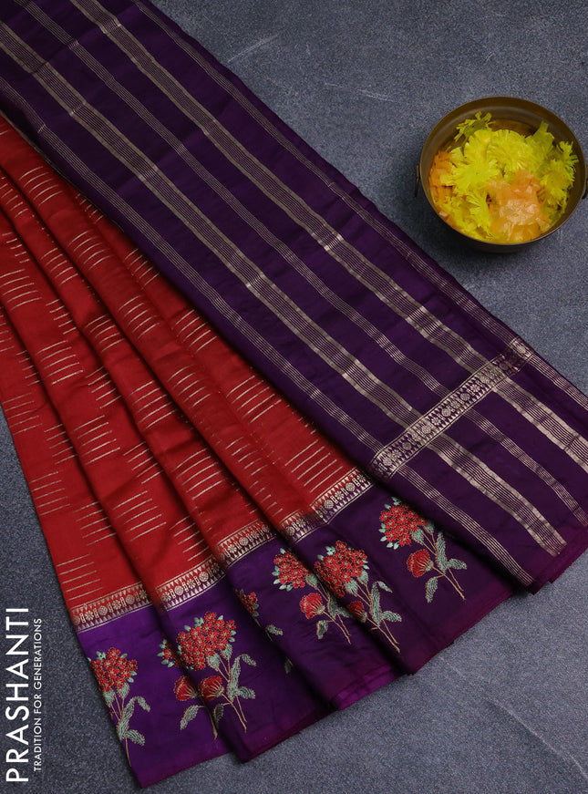 Semi chanderi saree red and violet with allover zari weaves and embroidery border