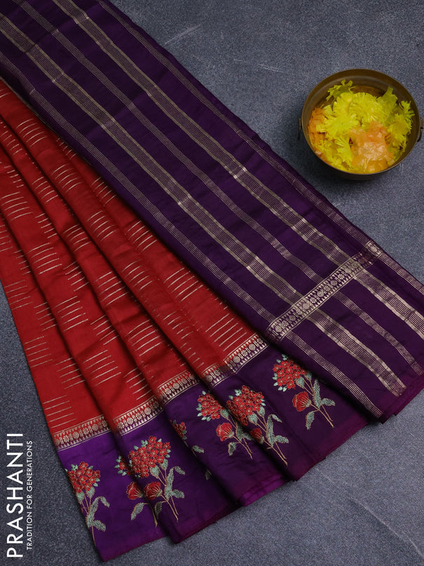 Semi chanderi saree red and violet with allover zari weaves and embroidery border
