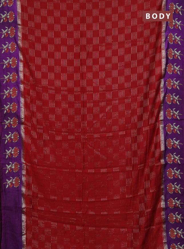 Semi chanderi saree red and violet with allover zari weaves and embroidery border