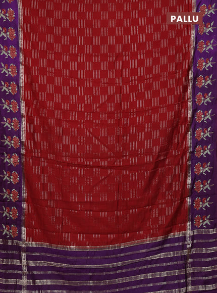 Semi chanderi saree red and violet with allover zari weaves and embroidery border