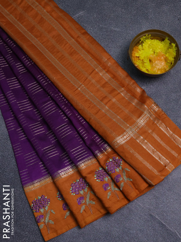 Semi chanderi saree violet and orange with allover zari weaves and embroidery border