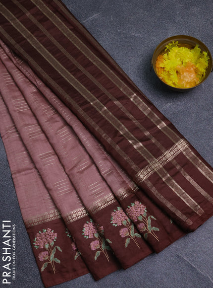 Semi chanderi saree pastel brown and coffee brown with allover zari weaves and embroidery border