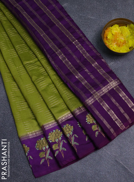 Semi chanderi saree light green and violet with allover zari weaves and embroidery border