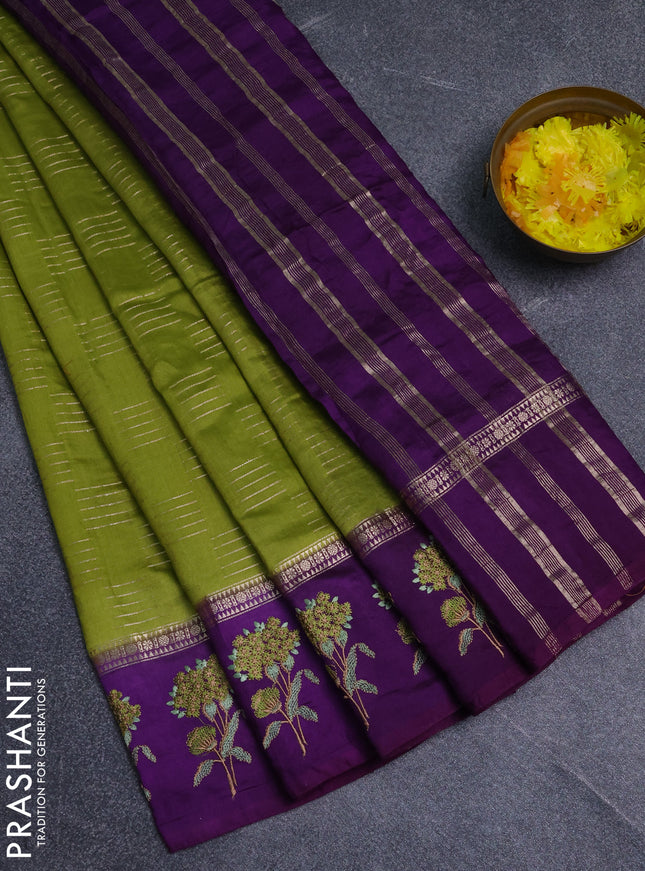 Semi chanderi saree light green and violet with allover zari weaves and embroidery border