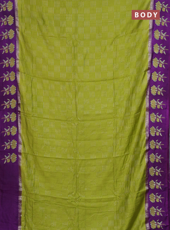 Semi chanderi saree light green and violet with allover zari weaves and embroidery border