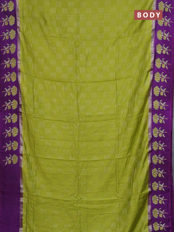 Semi chanderi saree light green and violet with allover zari weaves and embroidery border