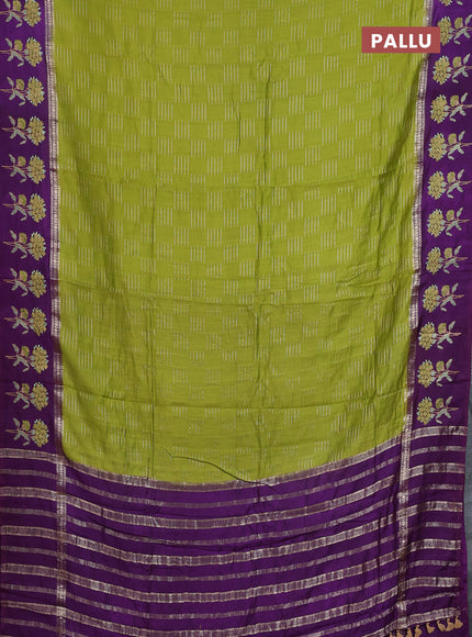 Semi chanderi saree light green and violet with allover zari weaves and embroidery border