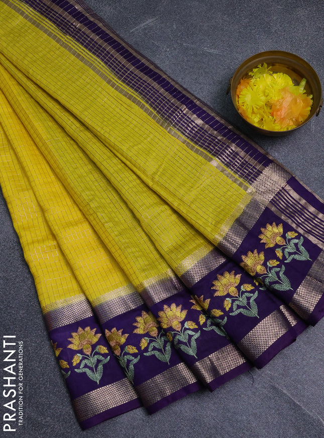 Semi chanderi saree yellow and purple with allover zari woven checked pattern and embroidery zari border